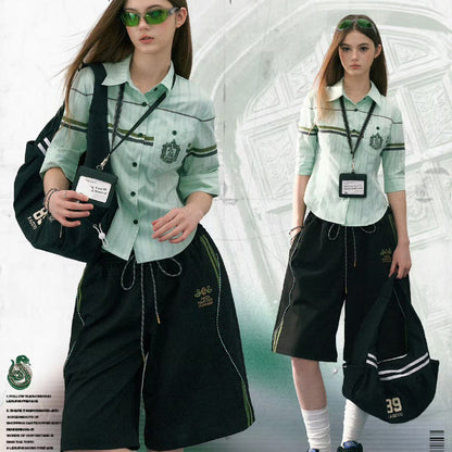 魔法学校の刺繍ストライプブラウス