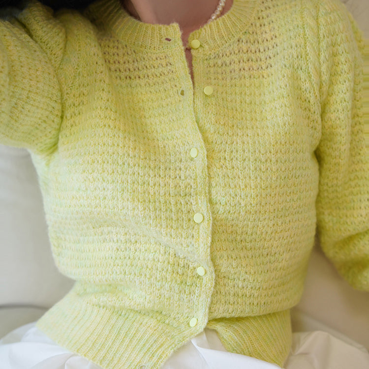 透かし編みのニットカーディガン - Light Yellow