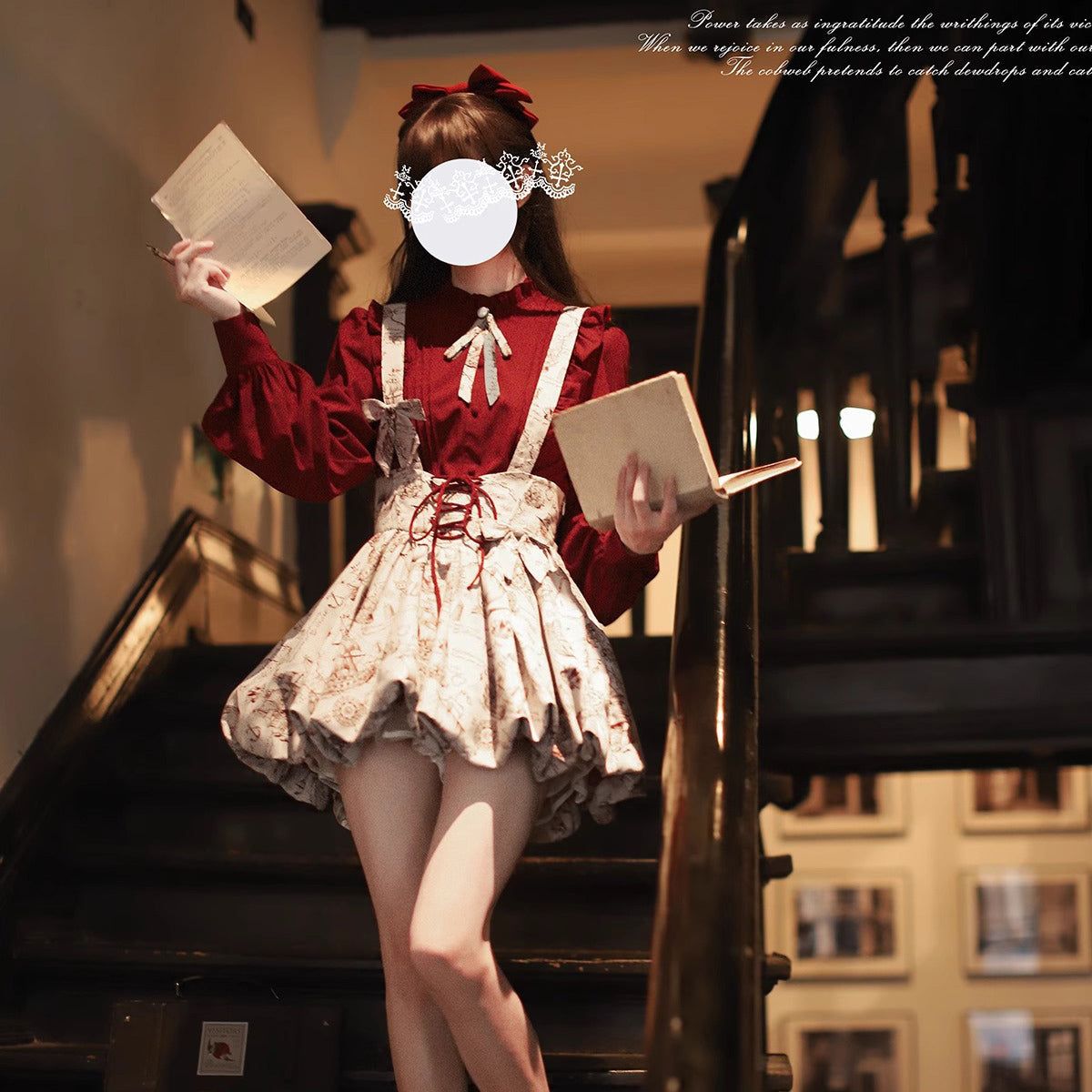 帆船と羅針盤の線画ストラップバルーンスカートとブラウス - Wine Red