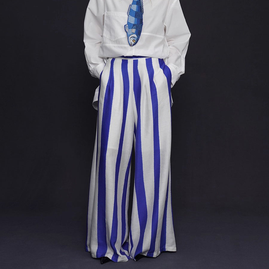 青紫の縦縞ストライプワイドパンツ