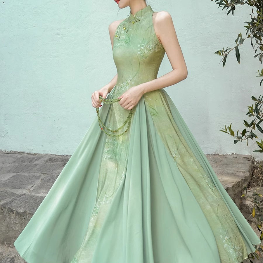 東洋蘭の花絵画チャイナワンピース