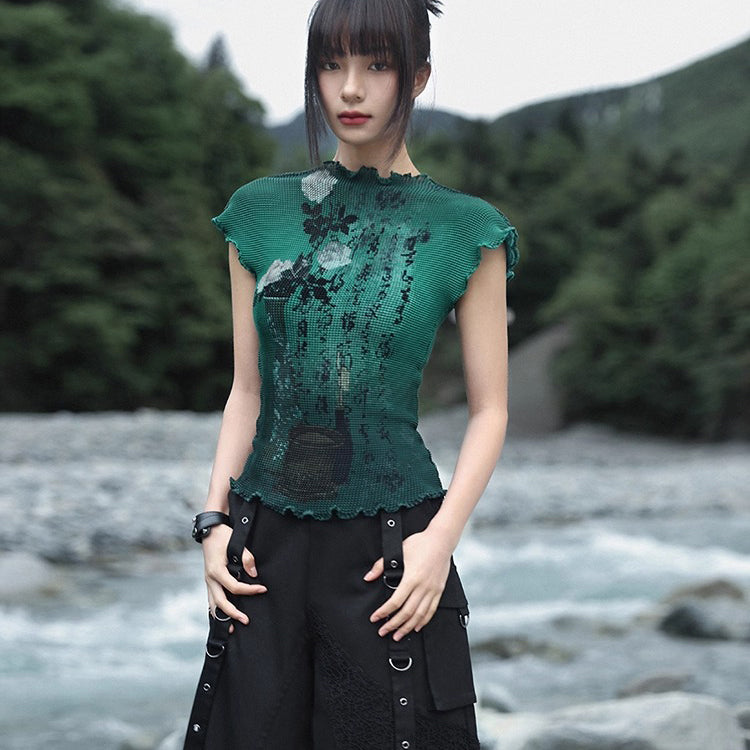 詩句と花絵画ハイネックトップス