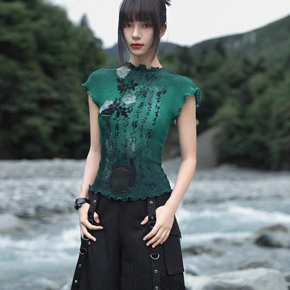 詩句と花絵画ハイネックトップス