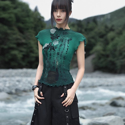 詩句と花絵画ハイネックトップス