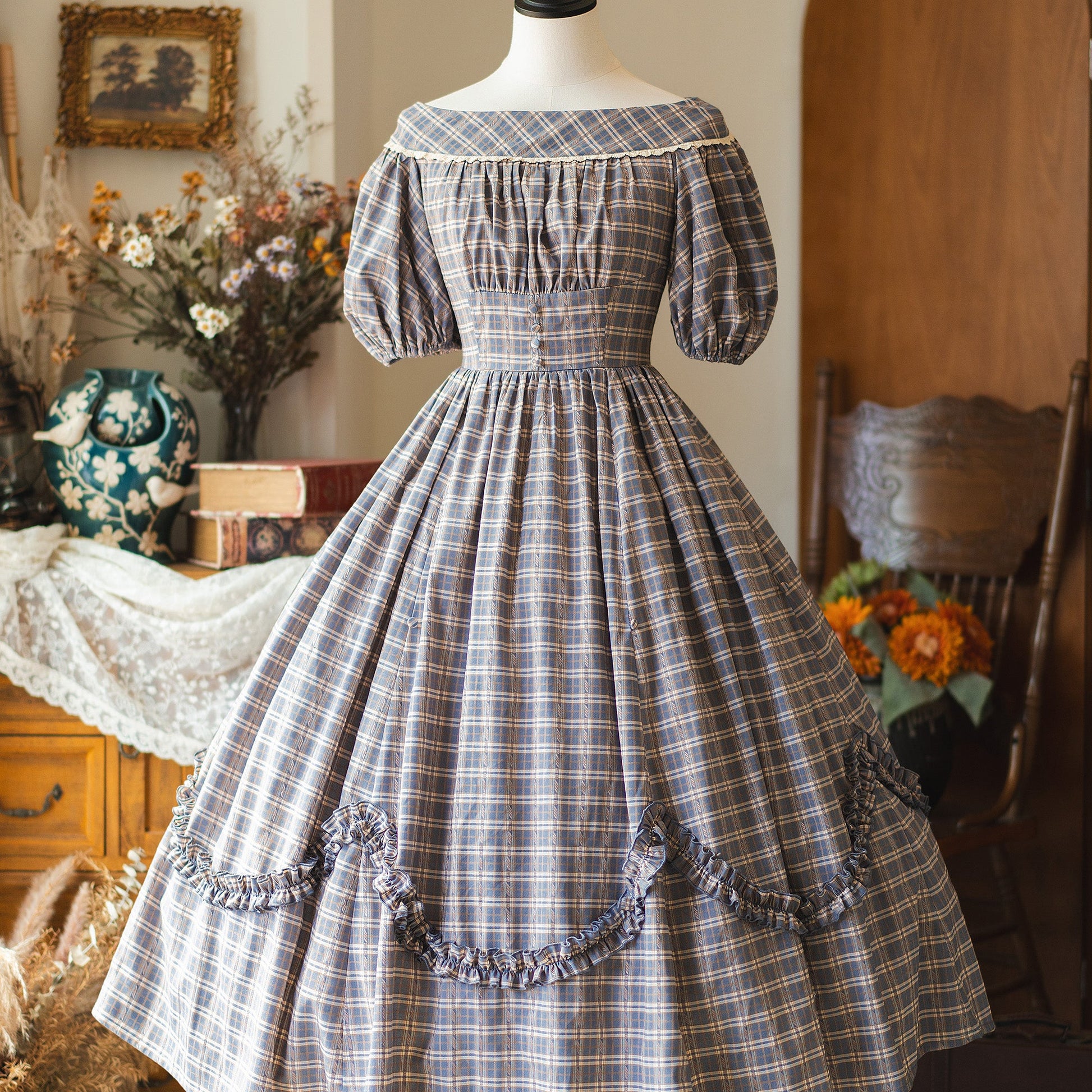 英国のお嬢様の格子柄レトロワンピース - Gray Navy