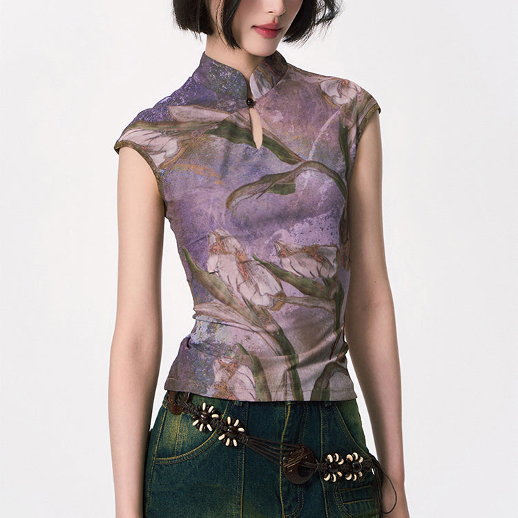 カラーリリーの水彩画チャイナトップス