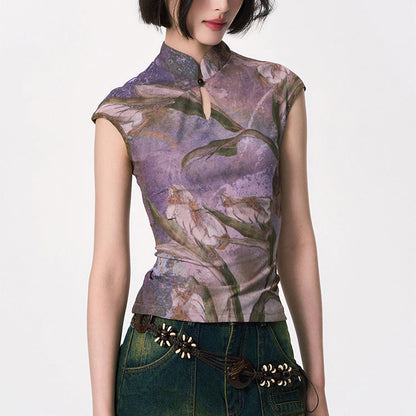 カラーリリーの水彩画チャイナトップス