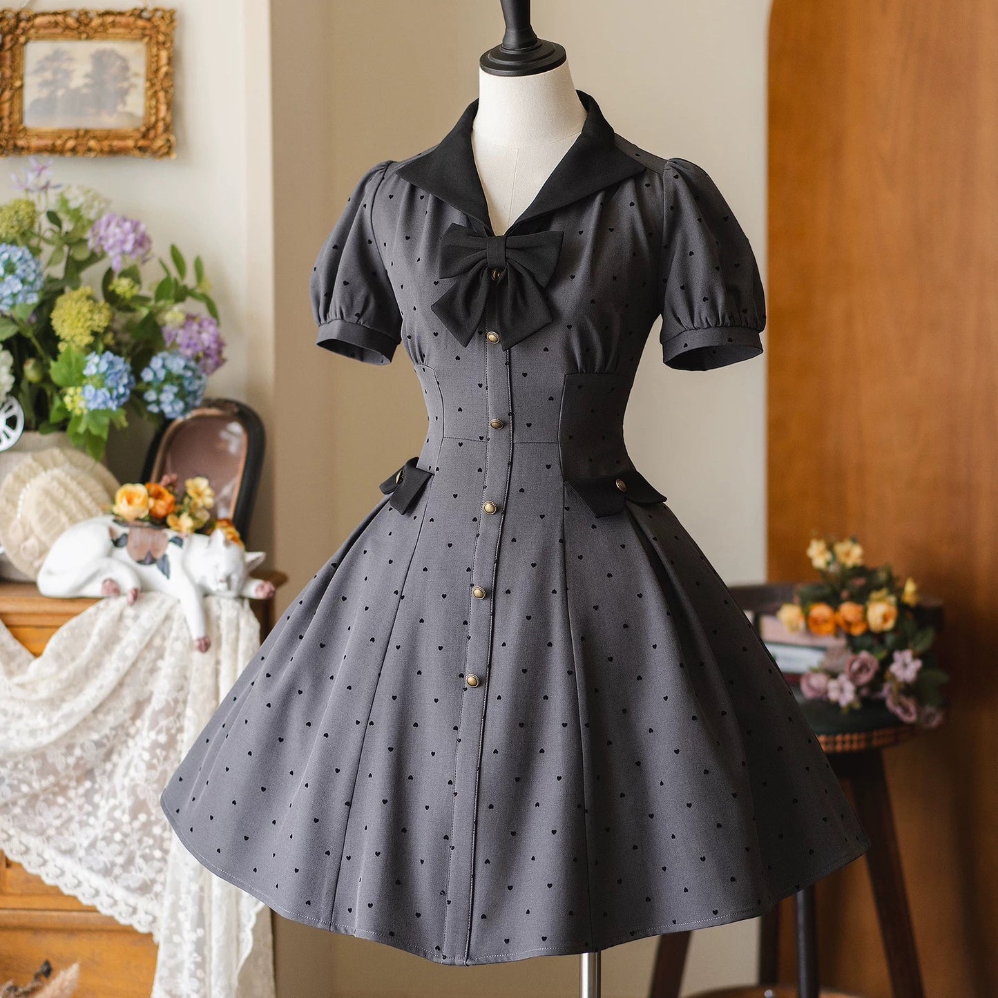映画女優の水玉柄クラシカルワンピース - Slate Gray