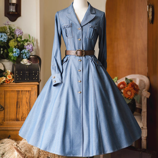英国のお嬢様のデニムワンピース - Long Sleeves