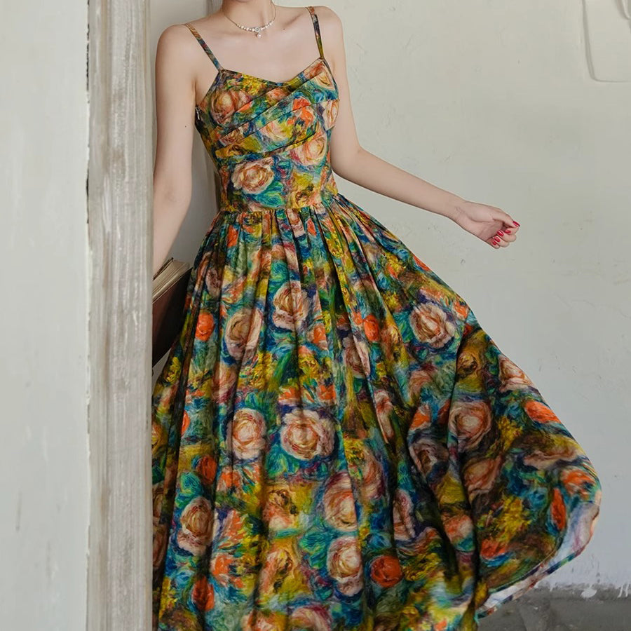 薔薇の花の油彩画キャミソールワンピース