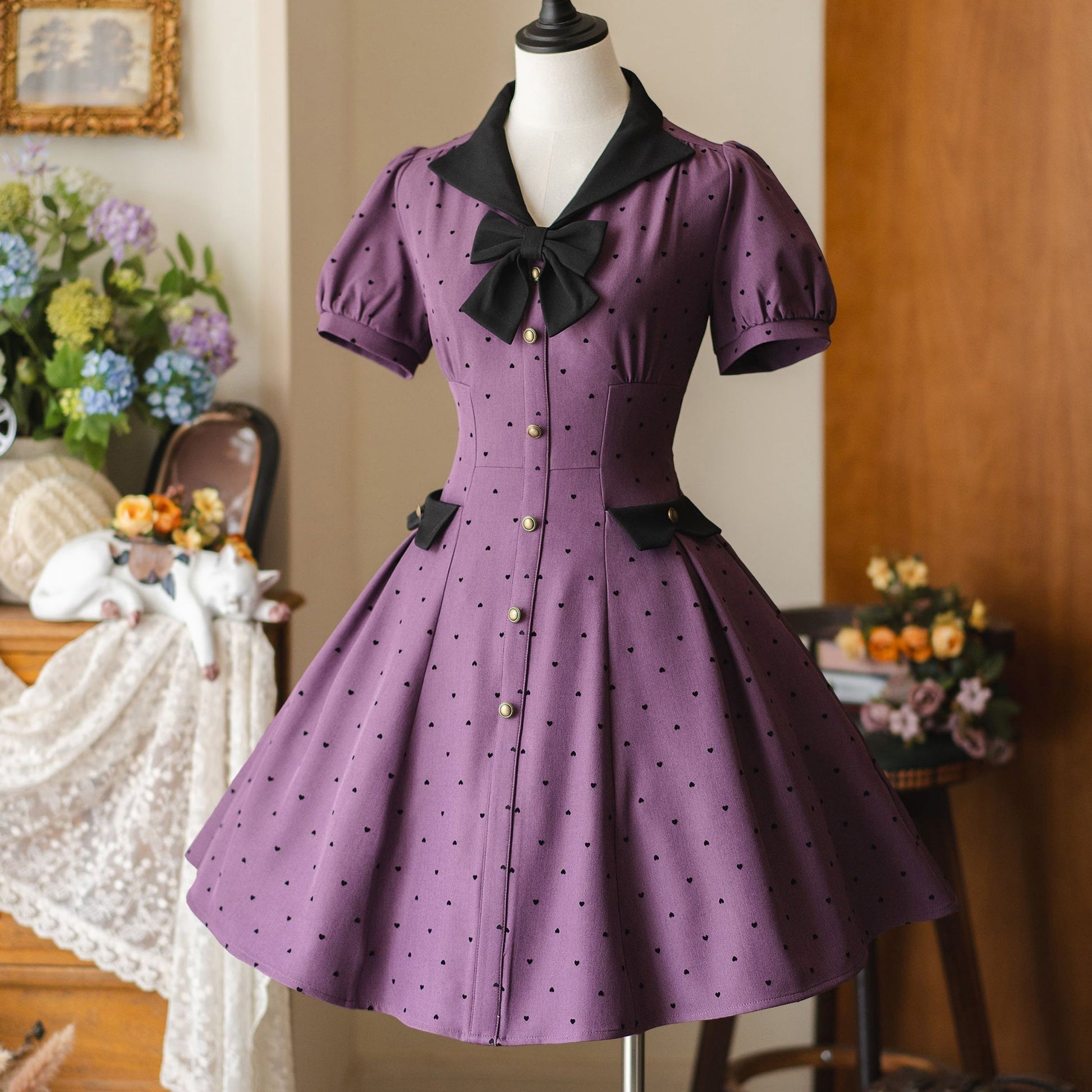 映画女優の水玉柄クラシカルワンピース - Deep Purple
