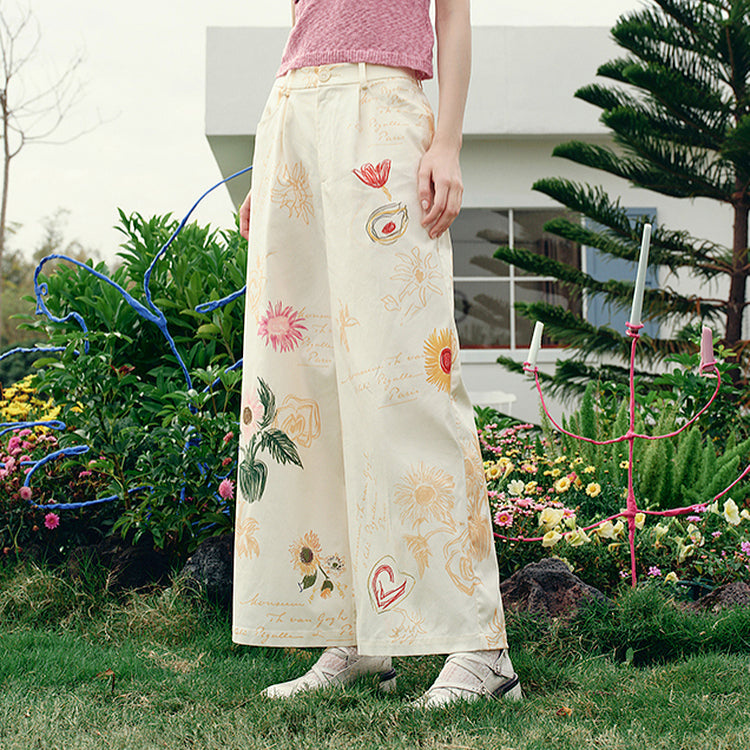 向日葵の花の描画ワイドパンツ