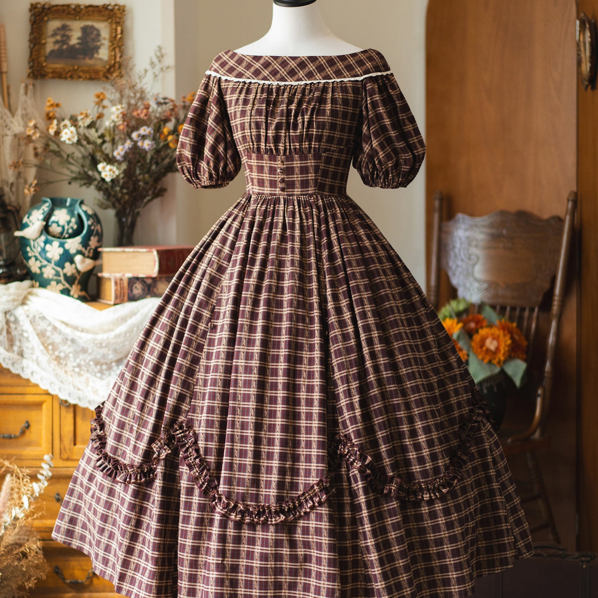 英国のお嬢様の格子柄レトロワンピース - Dark Brown