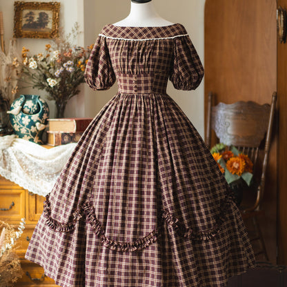 英国のお嬢様の格子柄レトロワンピース - Dark Brown