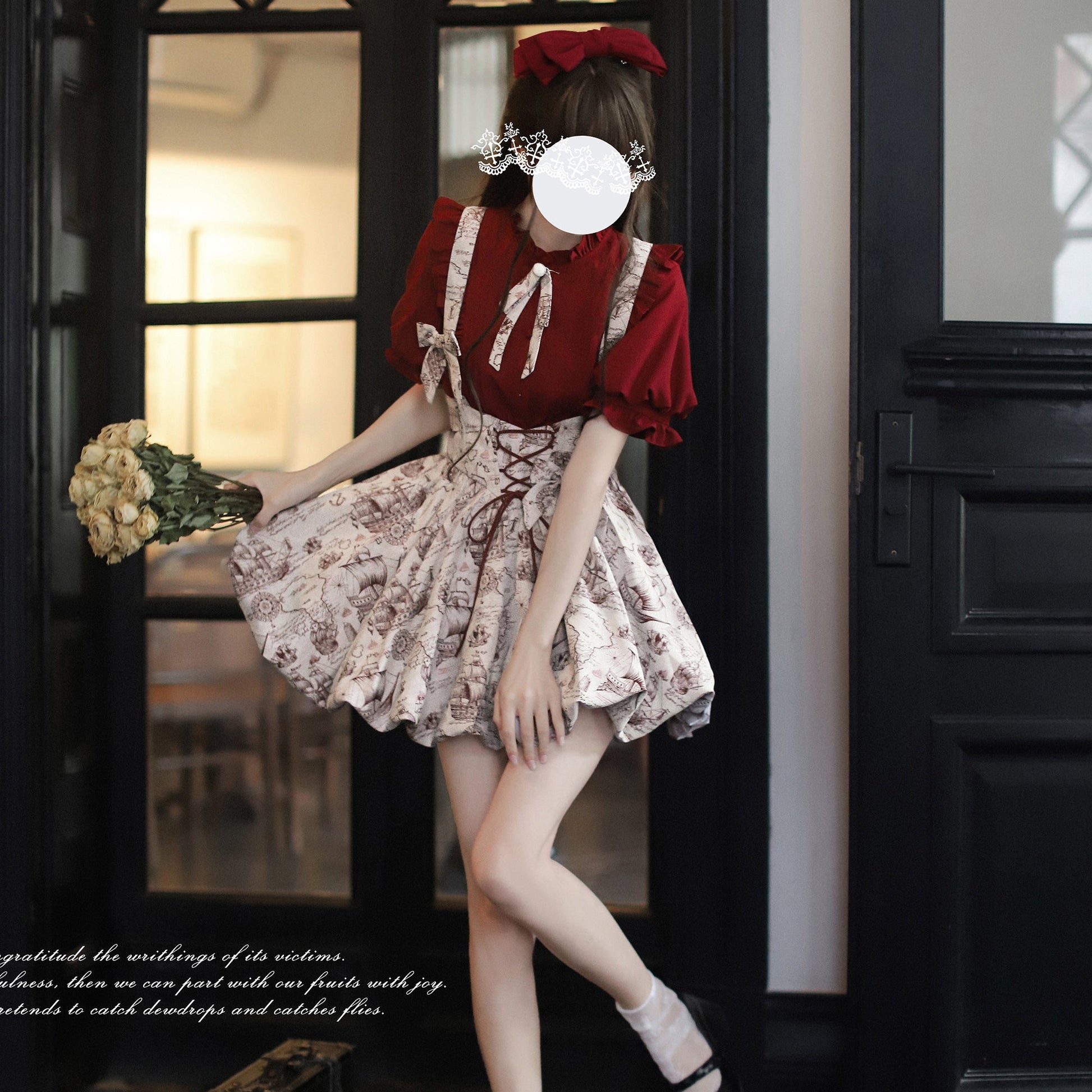 帆船と羅針盤の線画ストラップバルーンスカートとブラウス - Wine Red