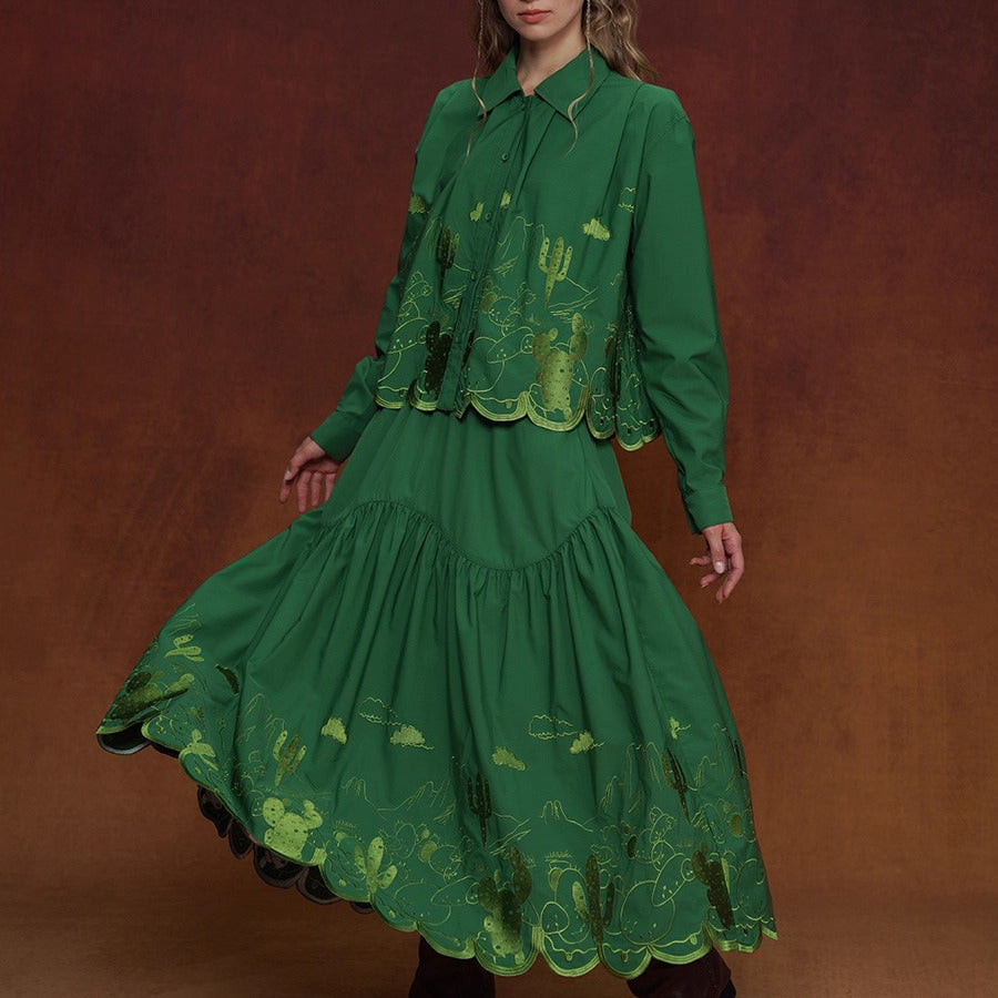 サボテンの刺繍ブラウスとスカート - Green