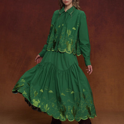 サボテンの刺繍ブラウスとスカート - Green