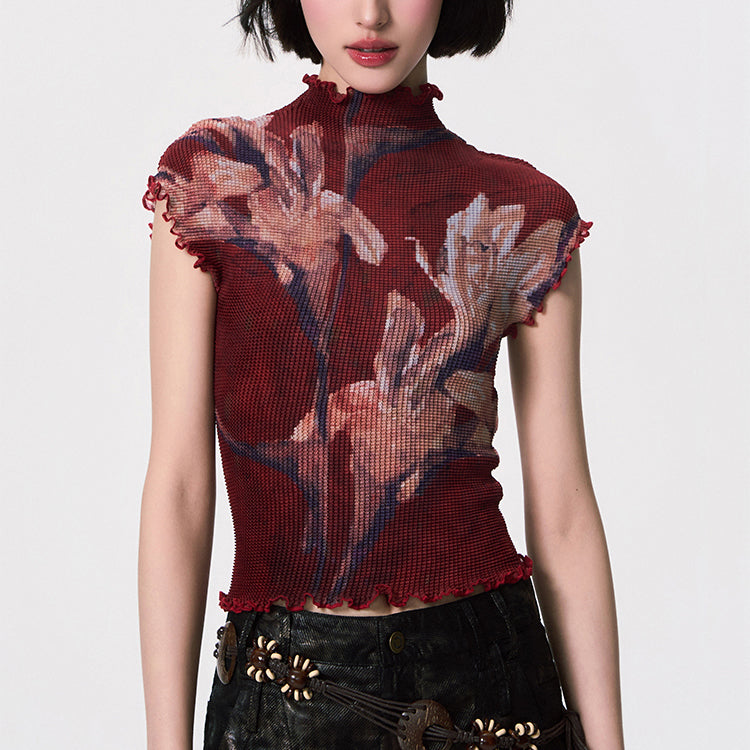 百合の花絵画ハイネックトップス