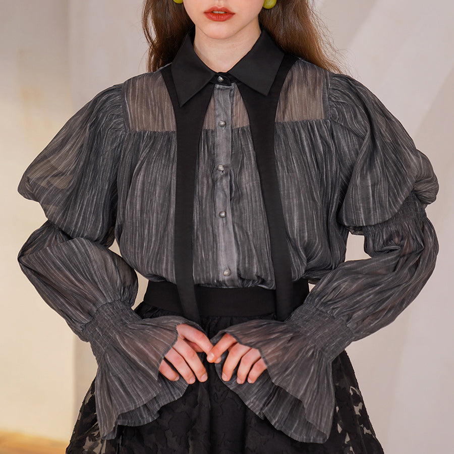 Black gray night sky blue volume sleeve blouse remulia