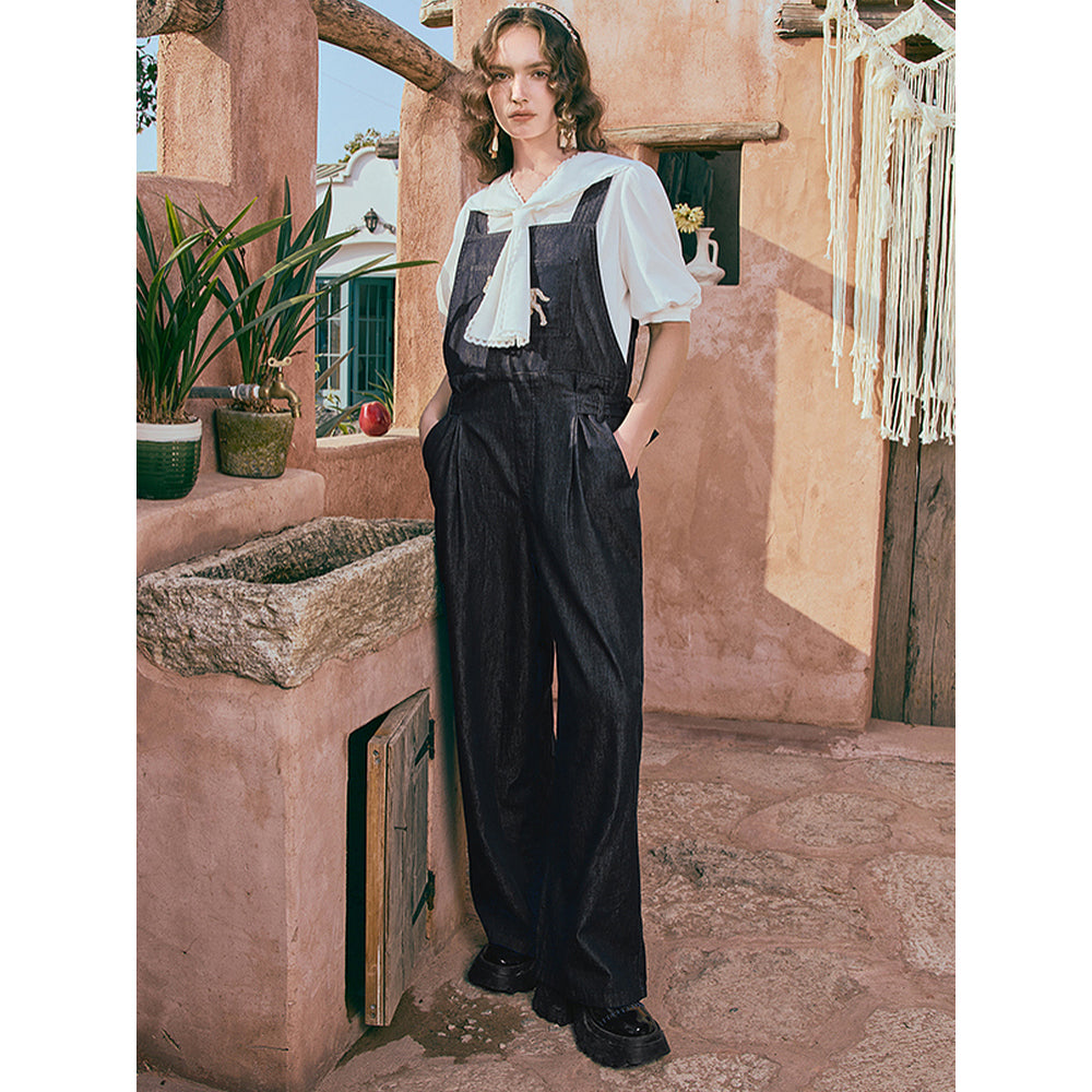 馬の石膏像の刺繍デニムサロペットパンツ