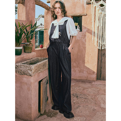 馬の石膏像の刺繍デニムサロペットパンツ