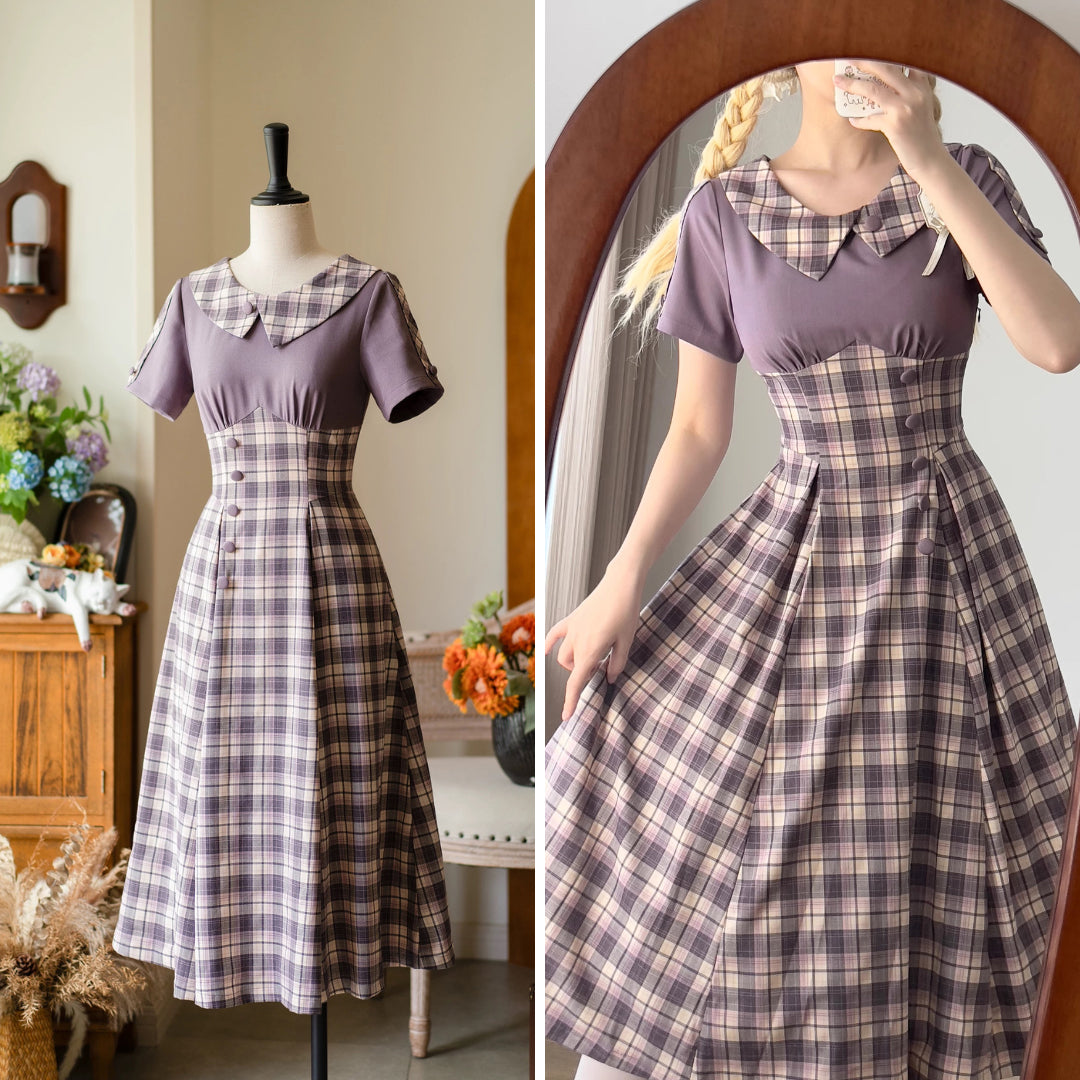 英国令嬢のレトロチェックワンピース - Light Purple