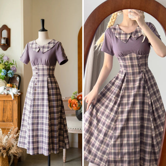 英国令嬢のレトロチェックワンピース - Light Purple