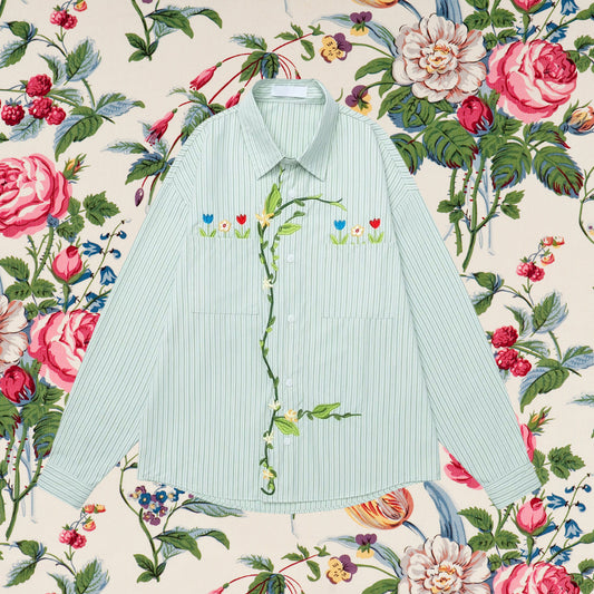 草花の刺繍ブラウス - Asparagus Green