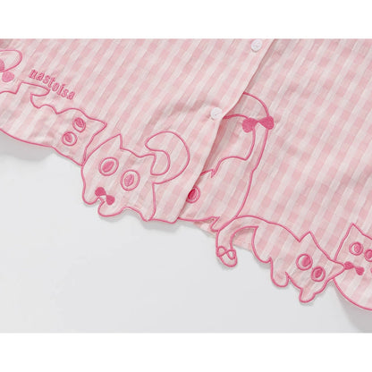 子猫の刺繍チェックシャツ - Light Pink