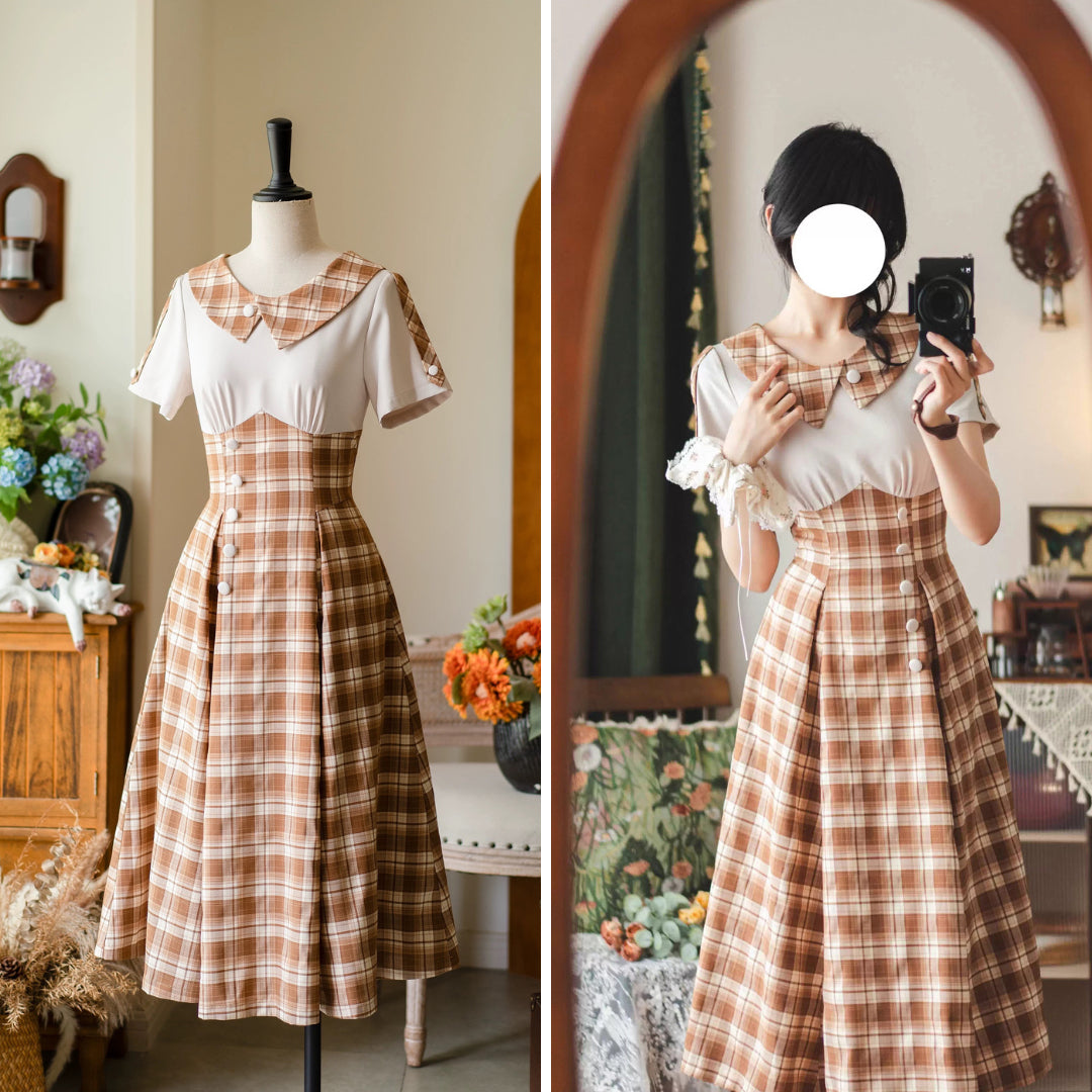 英国令嬢のレトロチェックワンピース - Light Brown