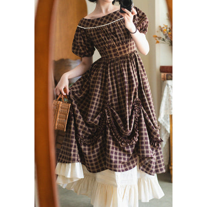 英国のお嬢様の格子柄レトロワンピース - Dark Brown