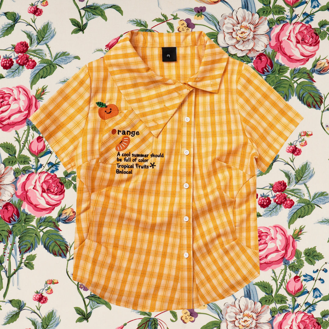 蜜柑の刺繍アシンメトリーシャツ - Orange Check