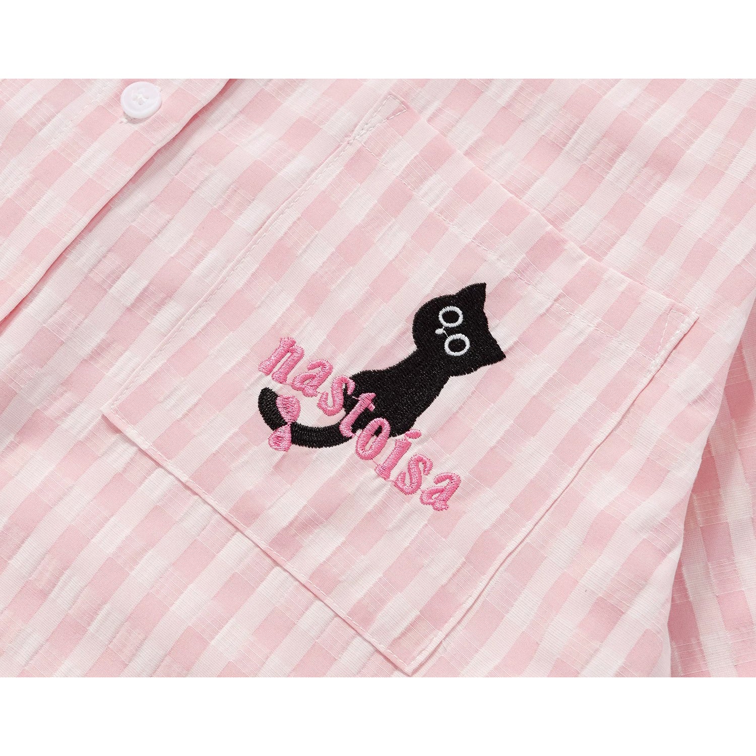 子猫の刺繍チェックシャツ - Light Pink