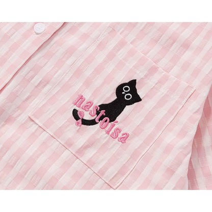 子猫の刺繍チェックシャツ - Light Pink
