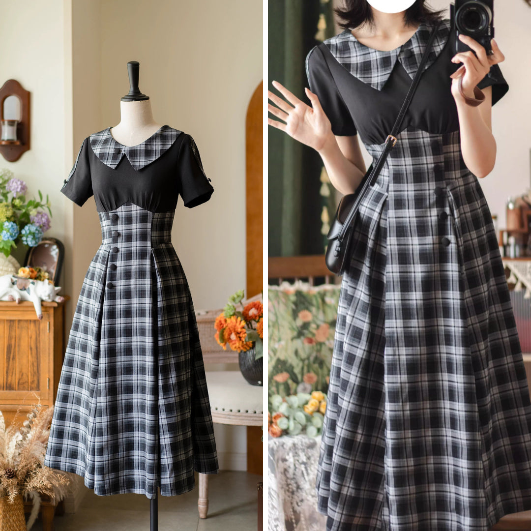 英国令嬢のレトロチェックワンピース - Black