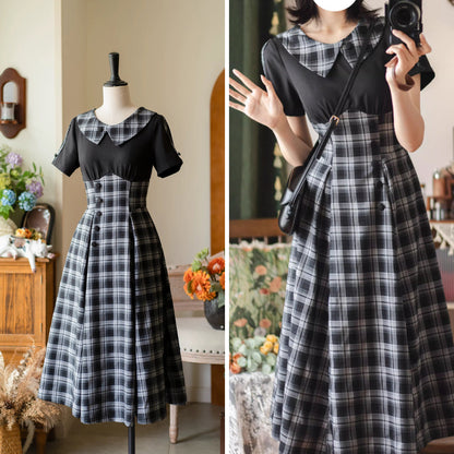 英国令嬢のレトロチェックワンピース - Black