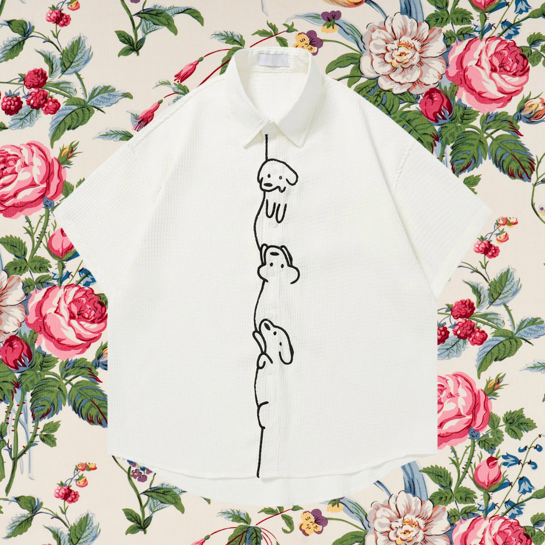 子犬の刺繍シャツ - Milk White