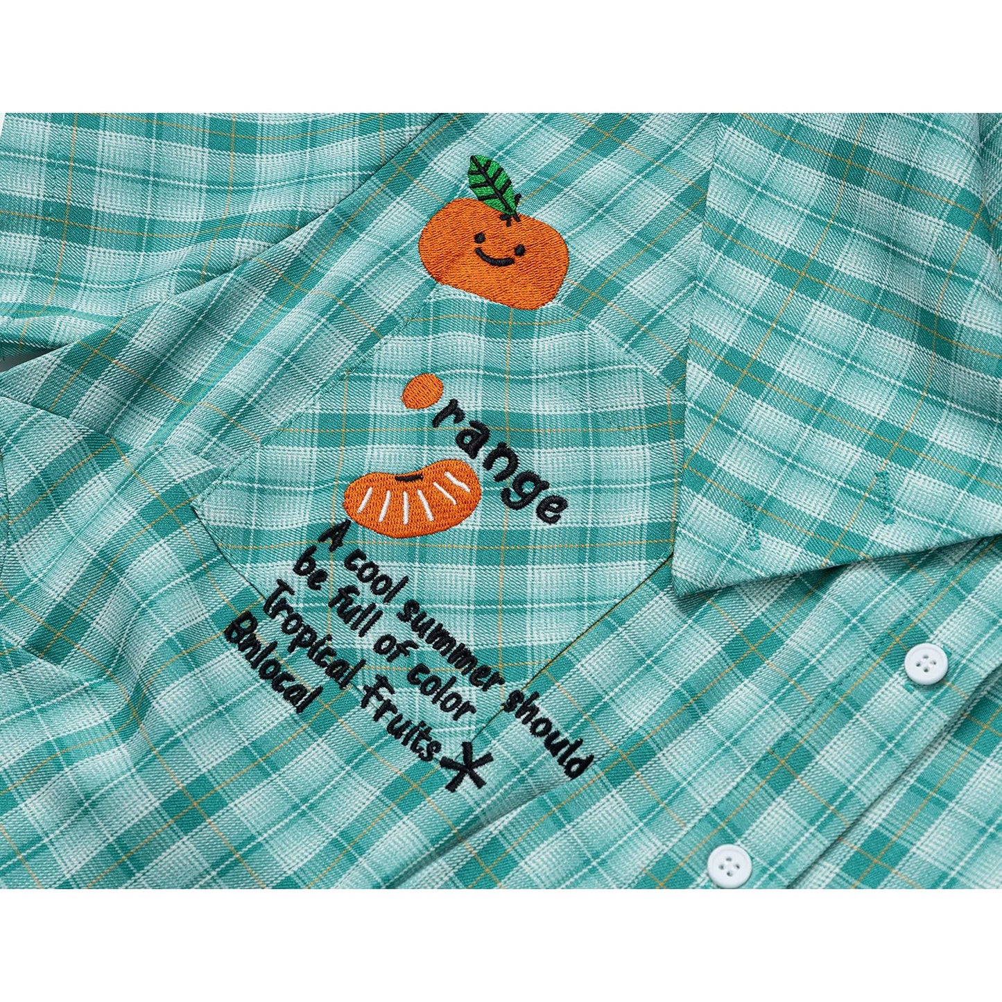蜜柑の刺繍アシンメトリーシャツ - Green Check