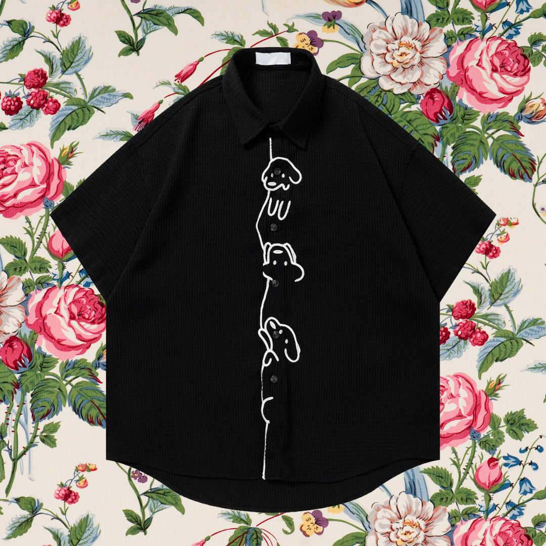 子犬の刺繍シャツ - Black
