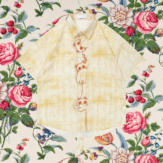 子猫の刺繍レトロチェックシャツ - Light Yellow