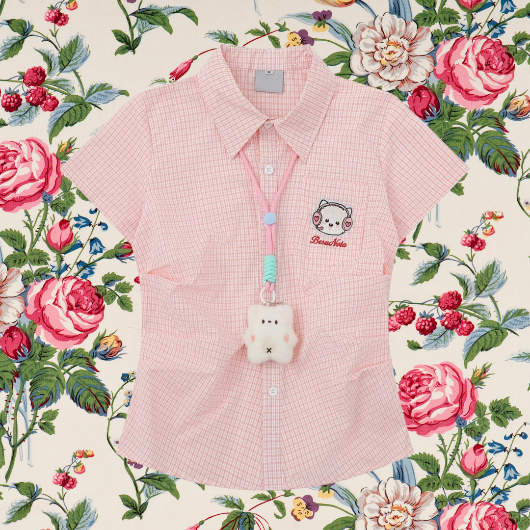 子猫の刺繍チェックシャツ - Pink Check