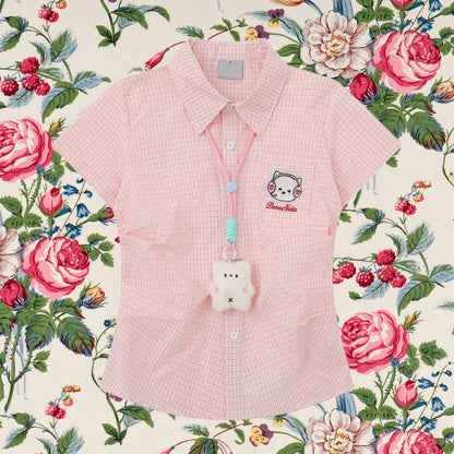 子猫の刺繍チェックシャツ - Pink Check