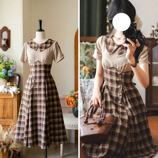 英国令嬢のレトロチェックワンピース - Dark Brown