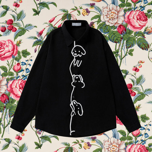 子犬の刺繍ブラウス - Black