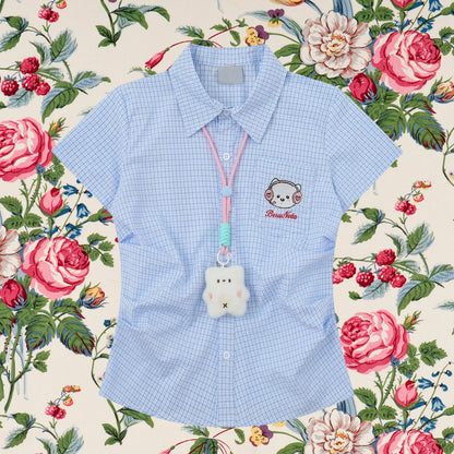 子猫の刺繍チェックシャツ - Sky Blue Check
