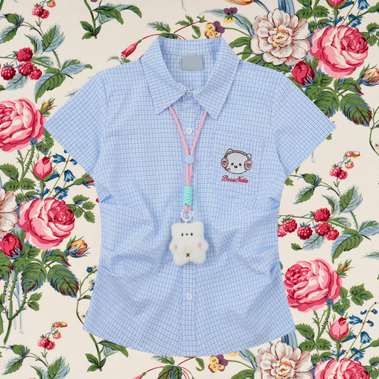 子猫の刺繍チェックシャツ - Sky Blue Check