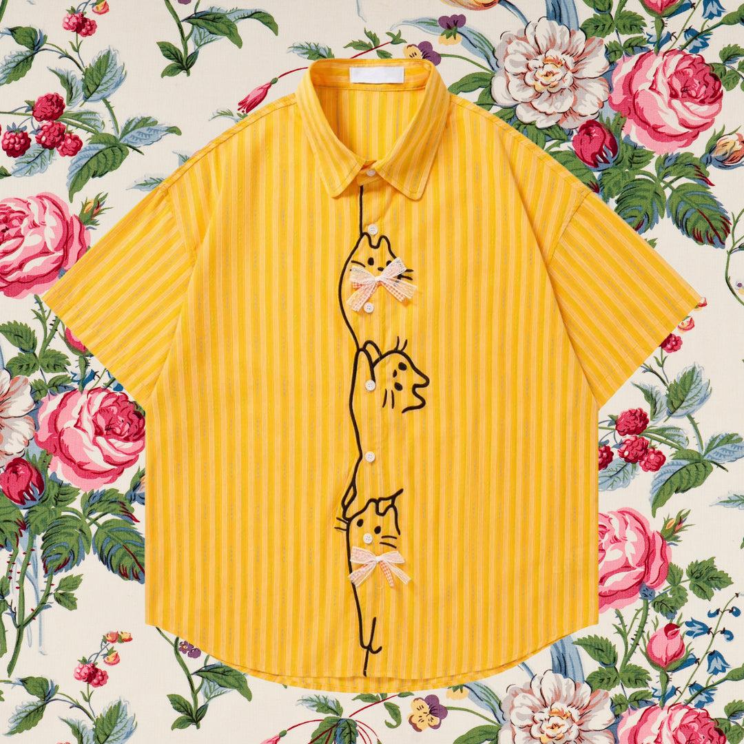 子猫の刺繍リボンシャツ - Golden Yellow