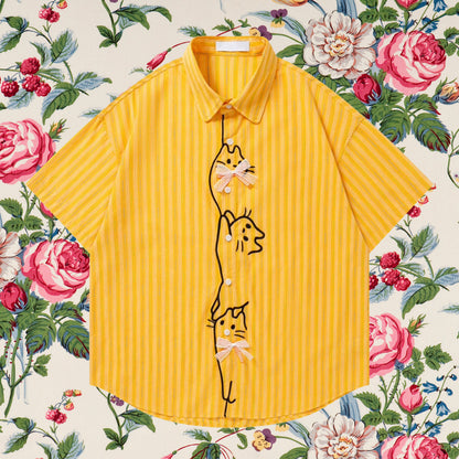 子猫の刺繍リボンシャツ - Golden Yellow