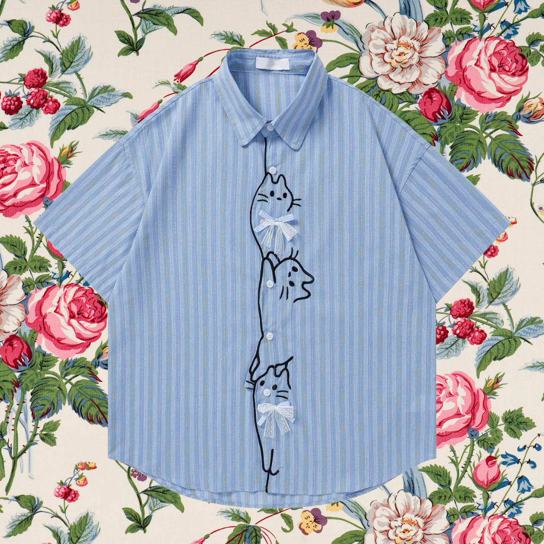 子猫の刺繍リボンシャツ - Salvia Blue