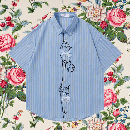 子猫の刺繍リボンシャツ - Salvia Blue